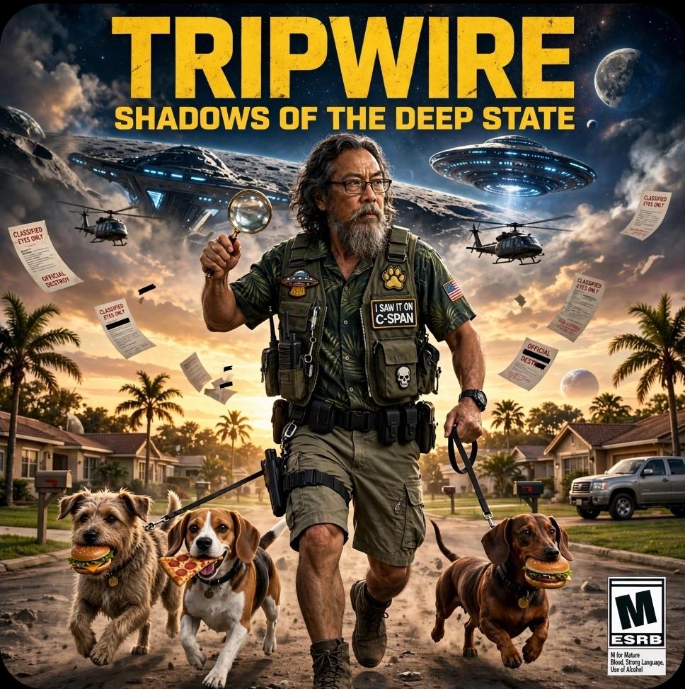 Tripwire, gray beard and tactical Hawaiian shirt, walks three dogs under UFOs in a Florida suburb